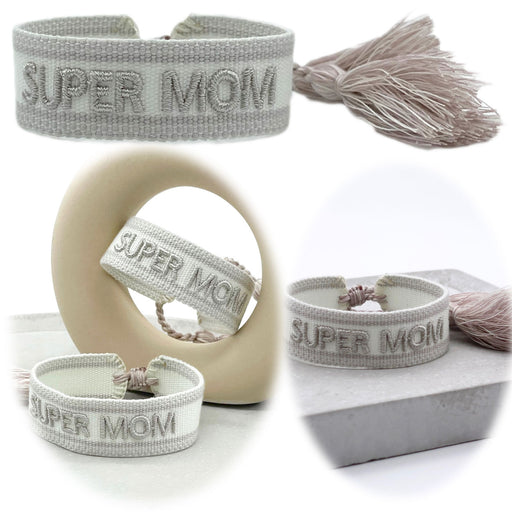 Canvas Statement Armband Super Mom Silber Grau Quasten besticktes Webarmband