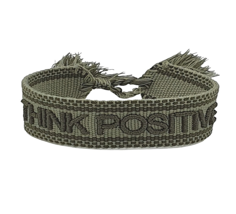 Canvas Statement Armband Think Positive Khaki Grün Quasten besticktes Webarmband