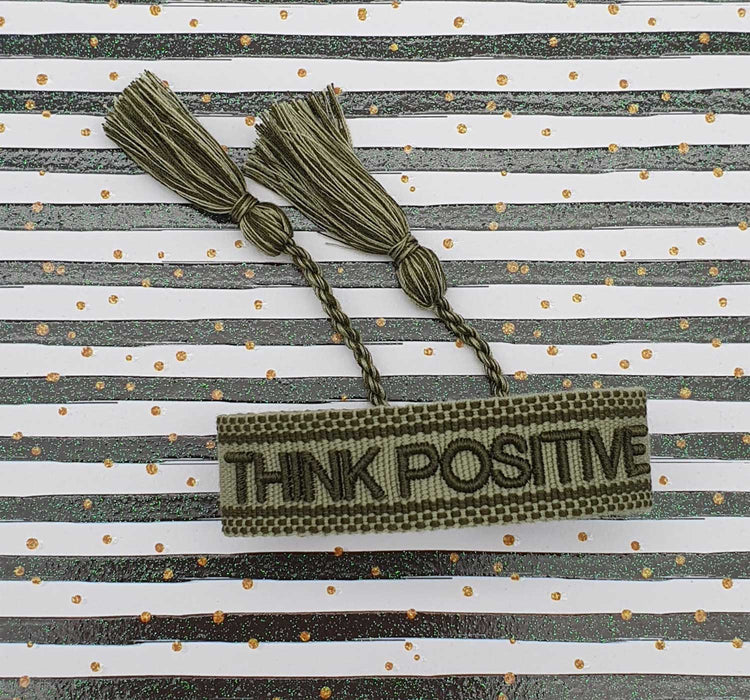 Canvas Statement Armband Think Positive Khaki Grün Quasten besticktes Webarmband