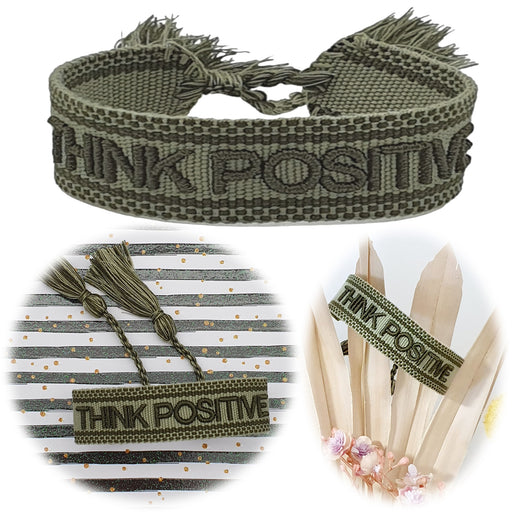 Canvas Statement Armband Think Positive Khaki Grün Quasten besticktes Webarmband
