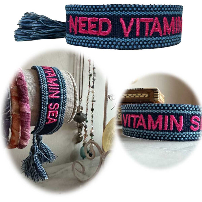 Canvas Statement Armband Need Vitamin Sea Blau Pink Quasten besticktes Webarmband