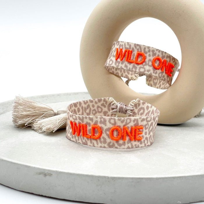 Canvas Statement Armband Leo Wild One Leopard Orange Quasten besticktes Webarmband