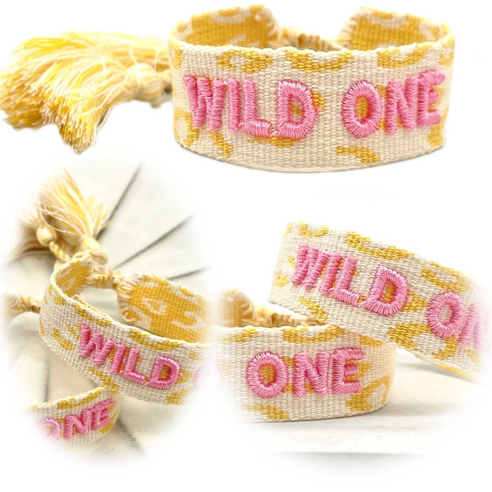 Canvas Statement Armband Wild One Gelb Rose Pink Quasten besticktes Webarmband