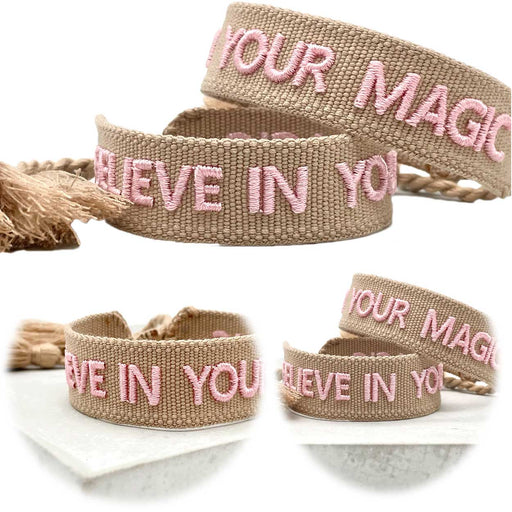 Canvas Statement Armband Believe in Your Magic Taupe Rose Quasten besticktes Webarmband