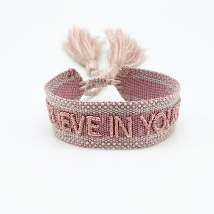 Canvas Statement Armband Believe in Yourself Rose Altrosa Quasten besticktes Webarmband