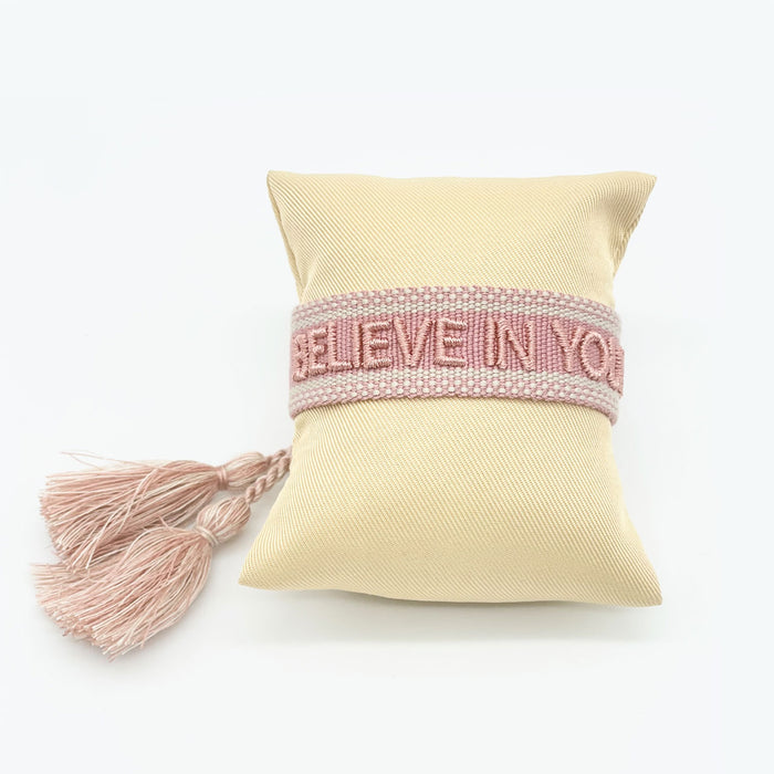 Canvas Statement Armband Believe in Yourself Rose Altrosa Quasten besticktes Webarmband