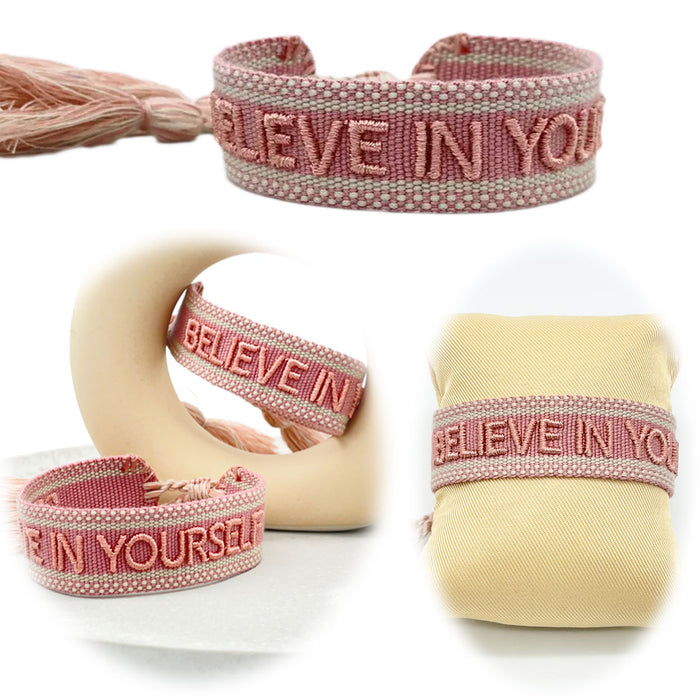 Canvas Statement Armband Believe in Yourself Rose Altrosa Quasten besticktes Webarmband