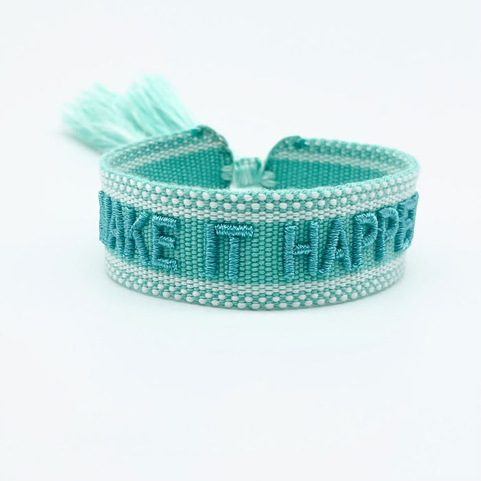 Canvas Statement Armband Make it Happen Türkis Blau Quasten besticktes Webarmband