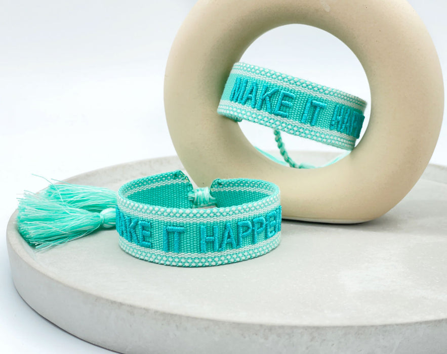Canvas Statement Armband Make it Happen Türkis Blau Quasten besticktes Webarmband
