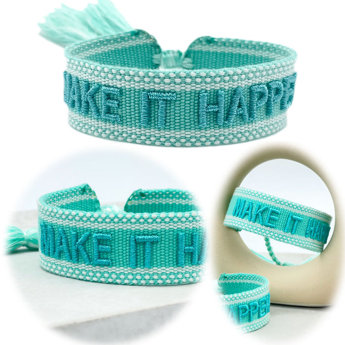 Canvas Statement Armband Make it Happen Türkis Blau Quasten besticktes Webarmband