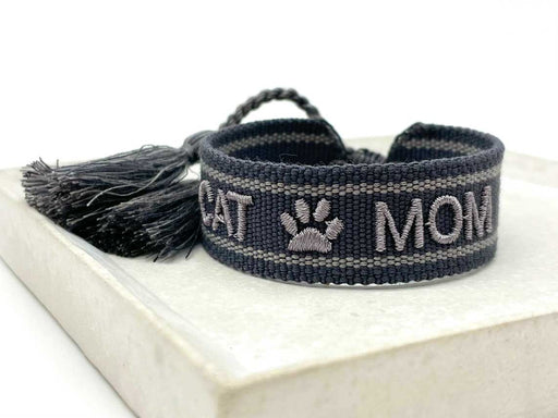 Canvas Statement Armband Cat Mom Anthrazit Grau Quasten besticktes Webarmband