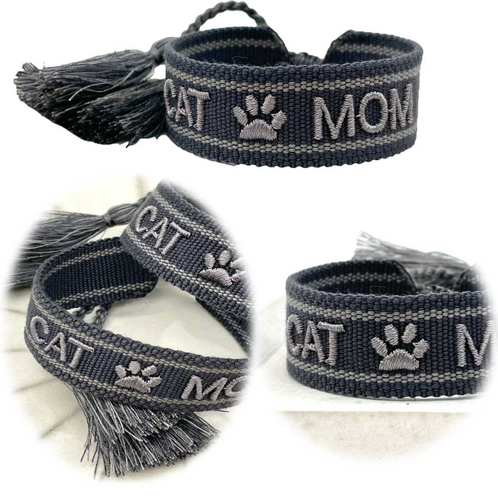 Canvas Statement Armband Cat Mom Anthrazit Grau Quasten besticktes Webarmband