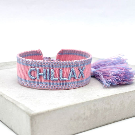Canvas Statement Armband Chillax Rose Blau Quasten besticktes Webarmband