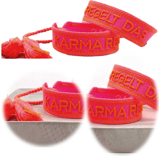 Canvas Statement Armband Karma regelt das Neon Pink Orange Quasten besticktes Webarmband