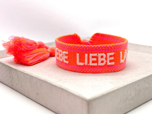 Canvas Statement Armband Lebe Liebe Lache Neon Orange Pink Quasten besticktes Webarmband