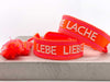 Canvas Statement Armband Lebe Liebe Lache Neon Orange Pink Quasten besticktes Webarmband