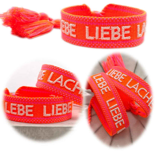 Canvas Statement Armband Lebe Liebe Lache Neon Orange Pink Quasten besticktes Webarmband