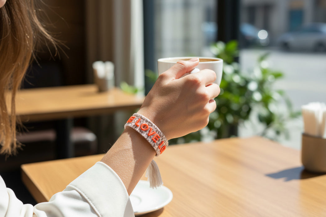 Canvas Statement Armband Love Leo Leopard Neon Orange Quasten besticktes Webarmband
