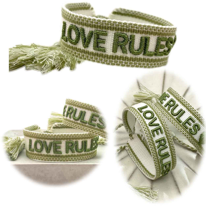 Canvas Statement Armband Love Rules Weiß Grün Quasten besticktes Webarmband