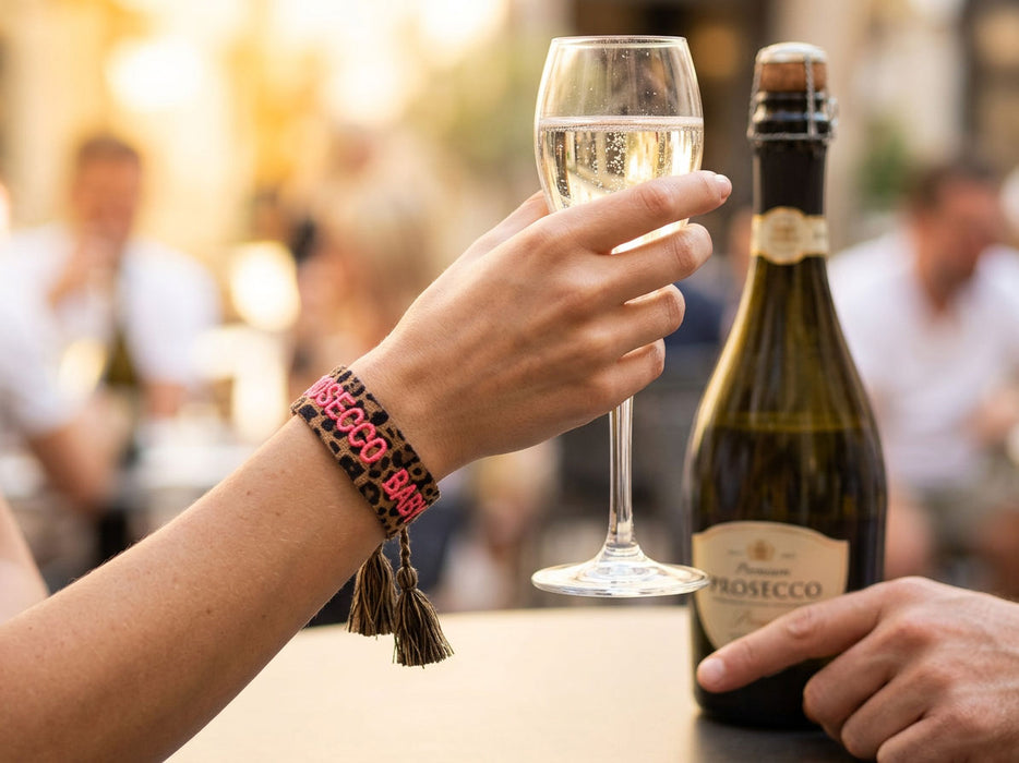 KI-generiertes Bild,Canvas Statement Armband Leo Prosecco Baby Neon Bubble Quasten besticktes Webarmband