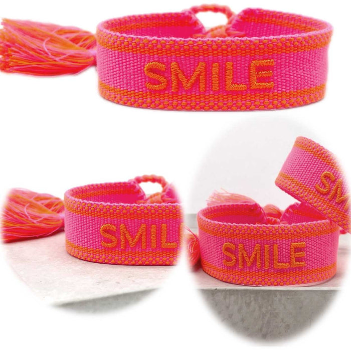 Canvas Statement Armband Smile Neon Pink Orange Quasten besticktes Webarmband