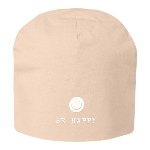 Stylische Mütze Unisex "Be Happy" Beige Jersey Stretch Beanie weich dehnbar