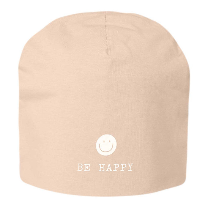 Stylische Mütze Unisex "Be Happy" Beige Jersey Stretch Beanie weich dehnbar
