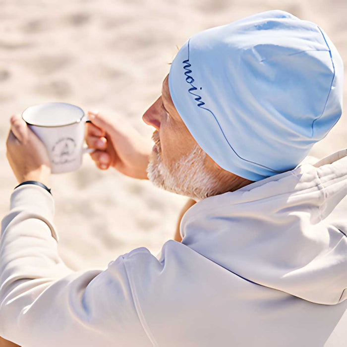 Stylische Mütze Unisex "Moin" Blau Jersey Stretch Beanie weich dehnbar