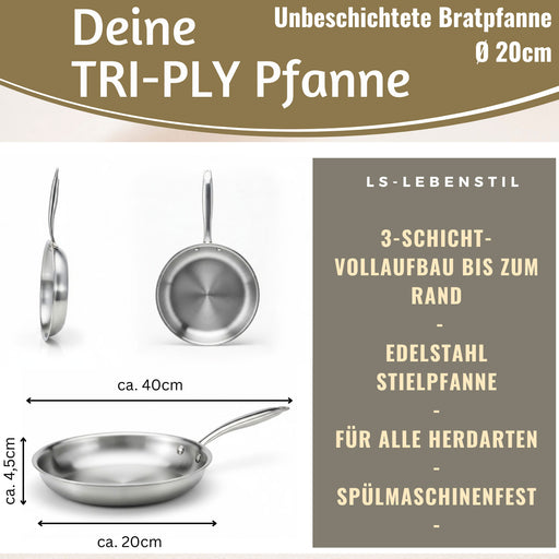 KI-generiertes Bild,TRI-PLY Edelstahlpfanne Unbeschichtet Bratpfanne Pfanne für alle Herdarten