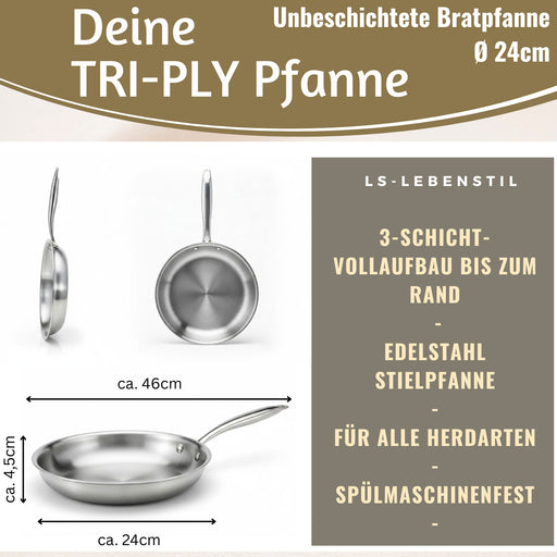 KI-generiertes Bild,TRI-PLY Edelstahlpfanne Unbeschichtet Bratpfanne Pfanne für alle Herdarten