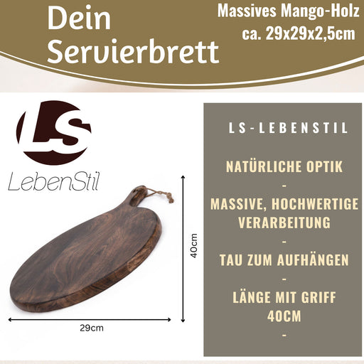 KI-generiertes Bild,Mango Holz Schneidebrett 40cm Griff Rund Vesperbrett Tranchierbrett Massiv