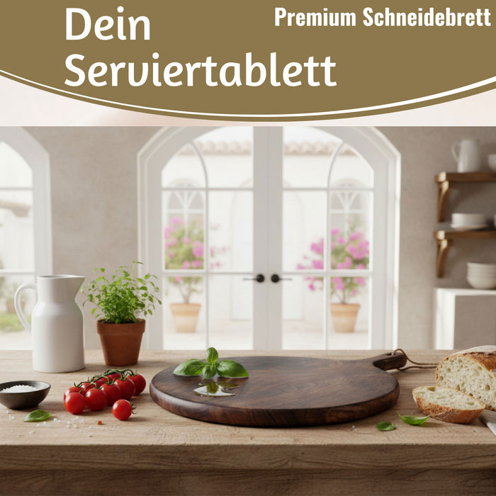 KI-generiertes Bild,Mango Holz Schneidebrett 40cm Griff Rund Vesperbrett Tranchierbrett Massiv