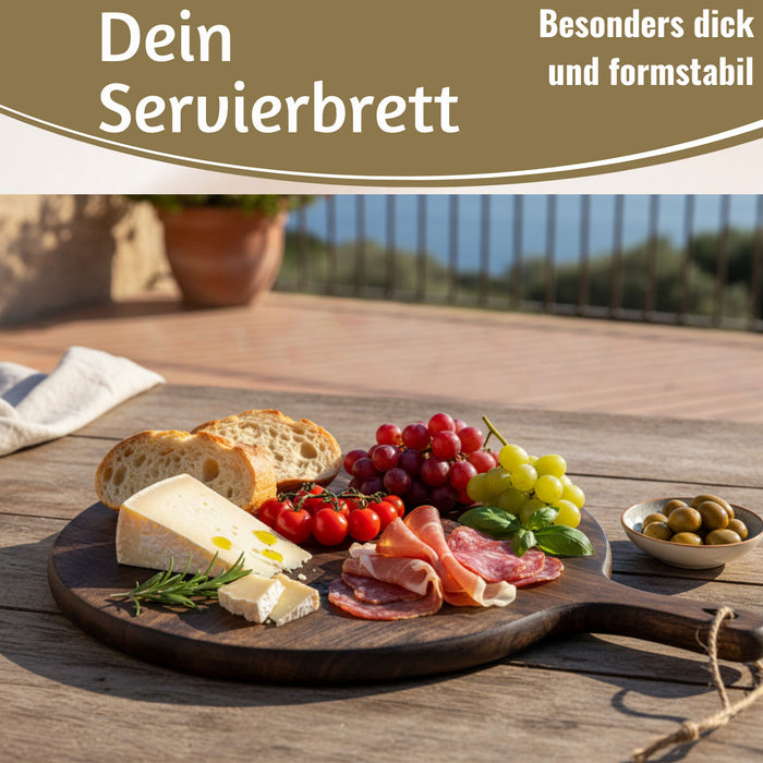 KI-generiertes Bild,Mango Holz Schneidebrett 40cm Griff Rund Vesperbrett Tranchierbrett Massiv
