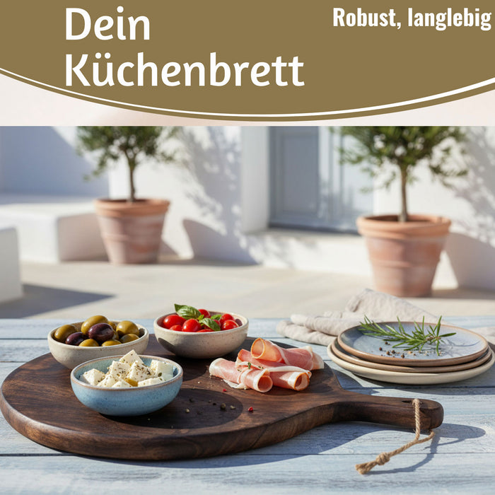 KI-generiertes Bild,Mango Holz Schneidebrett 40cm Griff Rund Vesperbrett Tranchierbrett Massiv