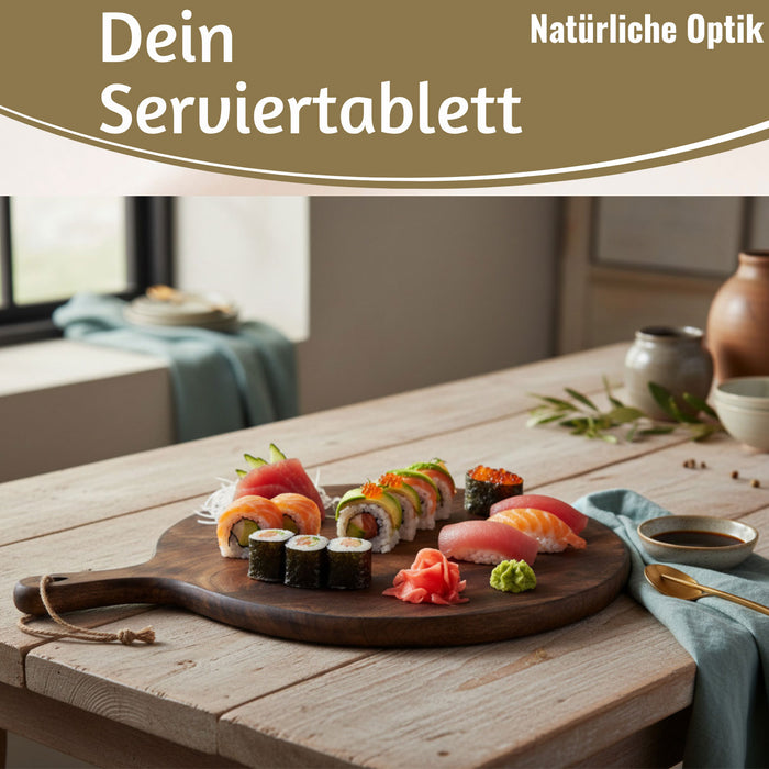 KI-generiertes Bild,Mango Holz Schneidebrett 40cm Griff Rund Vesperbrett Tranchierbrett Massiv
