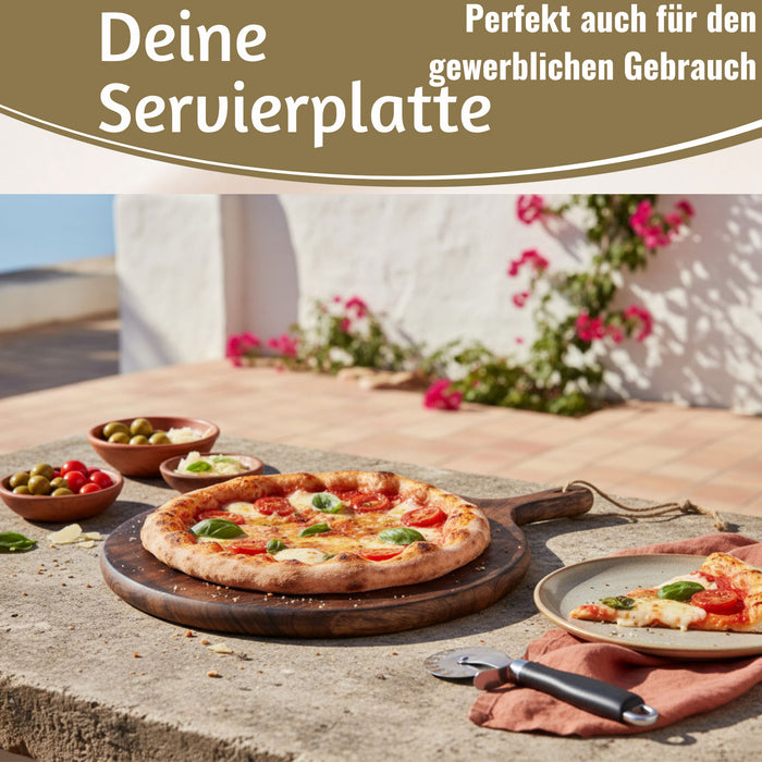 XL Holz Servierbrett 40cm Delhi Griff Rund Vesperbrett Pizzateller Massiv