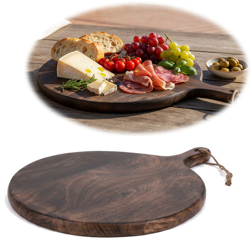 KI-generiertes Bild XL Holz Servierbrett 40cm Delhi Griff Rund Vesperbrett Pizzateller Massiv