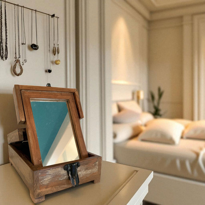 Barber Rasierbox Teak Holz 22x13cm Barbier Schmink Utensilien-Box