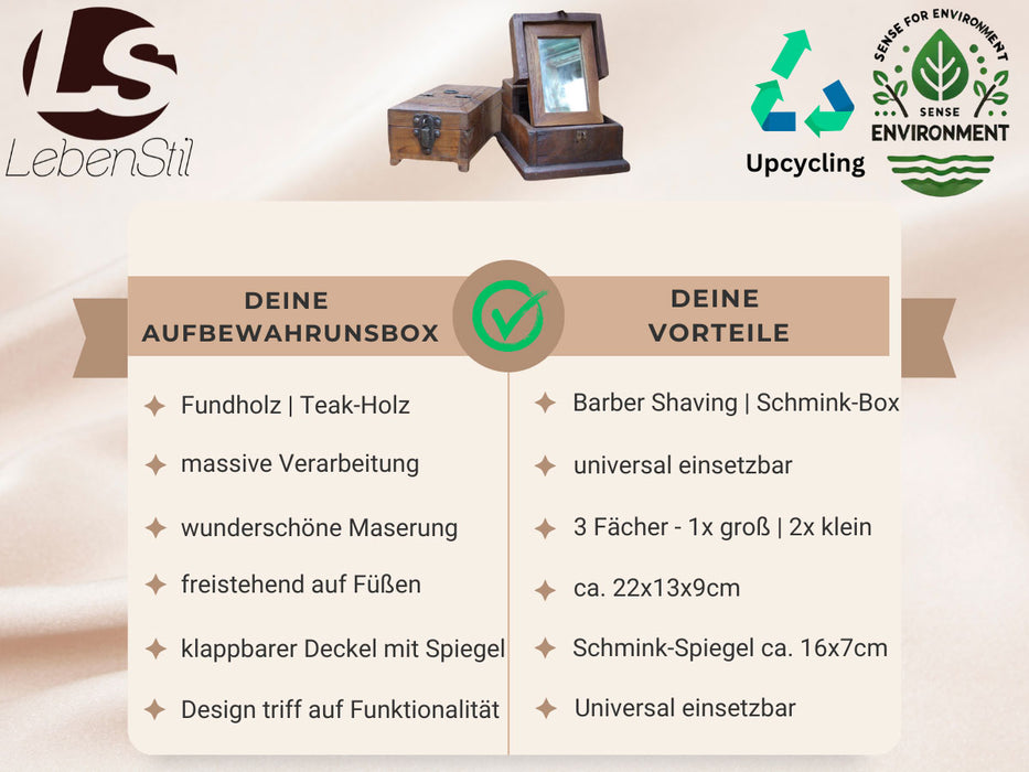 Barber Rasierbox Teak Holz 22x13cm Barbier Schmink Utensilien-Box