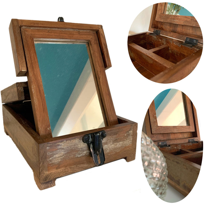 Barber Rasierbox Teak Holz 22x13cm Barbier Schmink Utensilien-Box