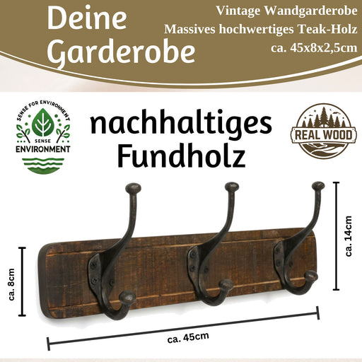 Vintage Teak Holz Wandgarderobe 45cm 3/6 Haken Jackenhalter Braun Garderobenleiste