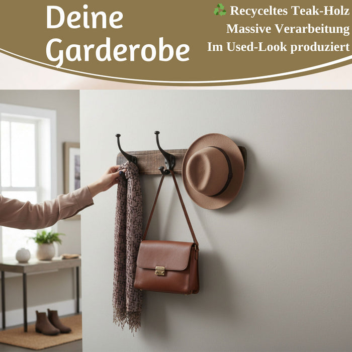 Vintage Teak Holz Wandgarderobe 45cm 3/6 Haken Jackenhalter Braun Garderobenleiste