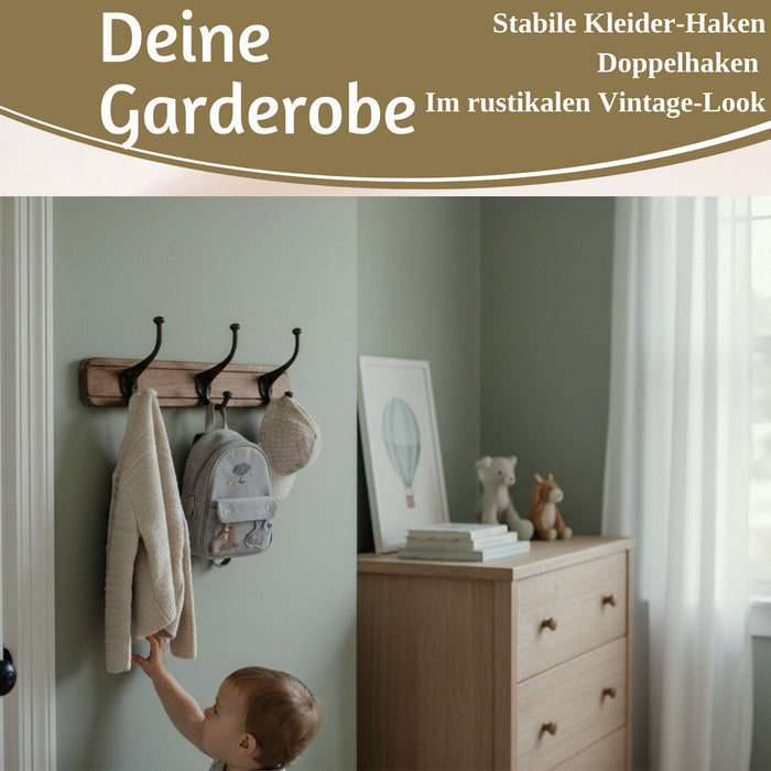 Vintage Teak Holz Wandgarderobe 45cm 3/6 Haken Jackenhalter Braun Garderobenleiste