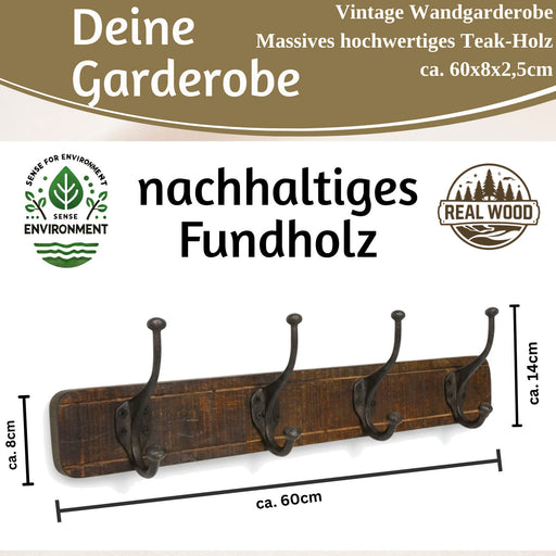 Vintage Teak Holz Wandgarderobe 60cm 4/8 Haken Jackenhalter Braun Garderobenleiste