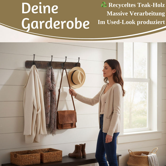 Vintage Teak Holz Wandgarderobe 60cm 4/8 Haken Jackenhalter Braun Garderobenleiste
