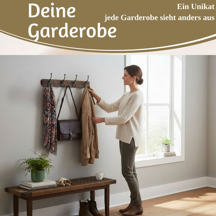 Vintage Teak Holz Wandgarderobe 60cm 4/8 Haken Jackenhalter Braun Garderobenleiste