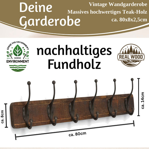 Vintage Teak Holz Wandgarderobe 80cm 6/12 Haken Jackenhalter Braun Garderobenleiste