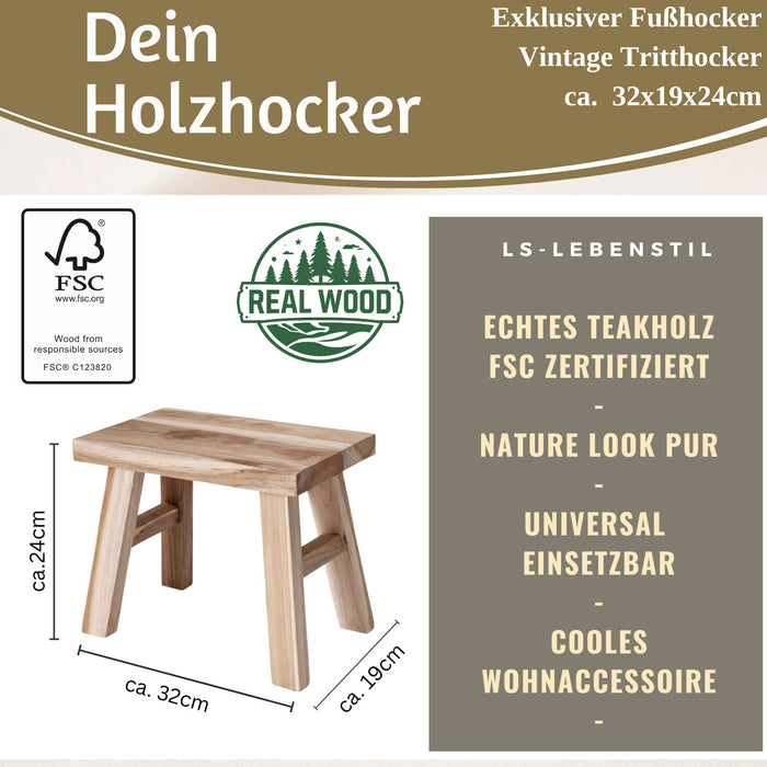 Vintage Holz Fußhocker Braun Rustic 24cm Tritthocker Schemel Fußbank Bänkchen