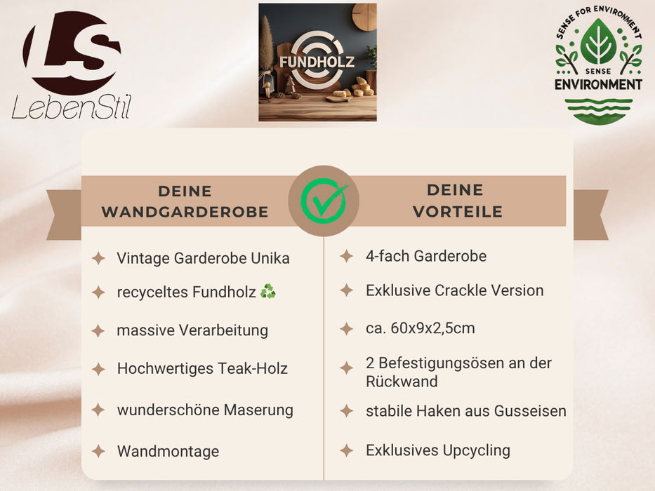 Vintage Wandgarderobe Dehli 60cm Teak Holz Weiß 4/8 Haken Recycelt Kleiderhaken