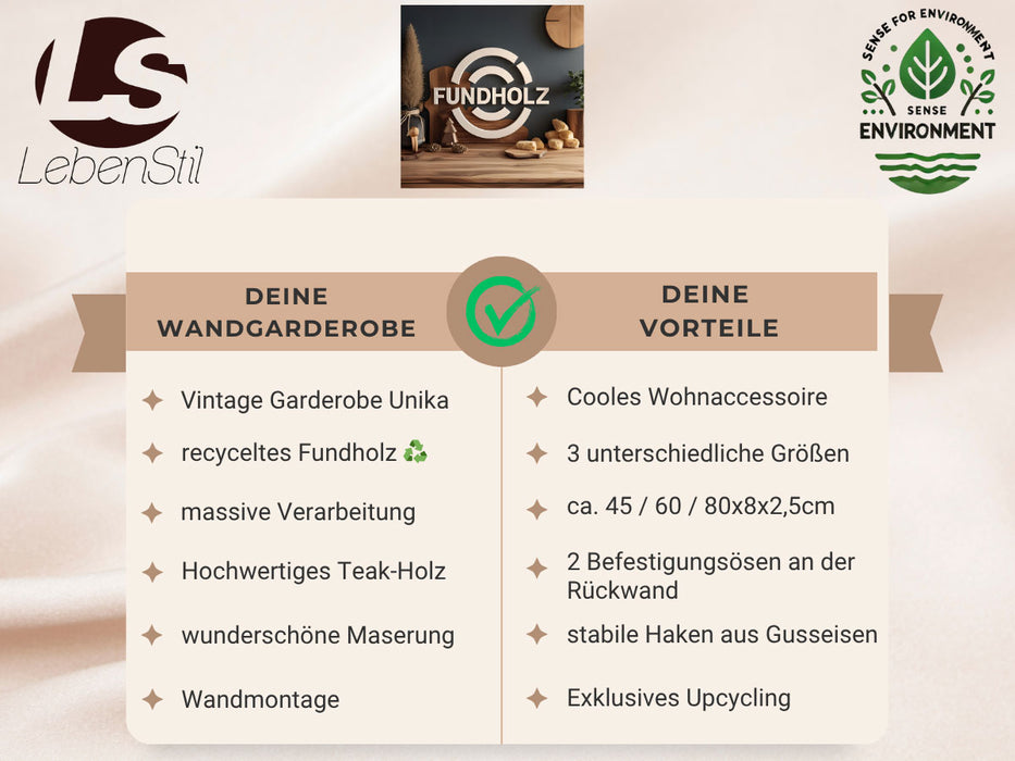 Vintage Teak Holz Wandgarderobe 80cm 6/12 Haken Jackenhalter Braun Garderobenleiste